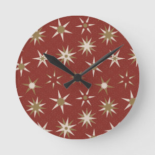 Christmas Gold Geo Stars - on red pattern. Round Clock