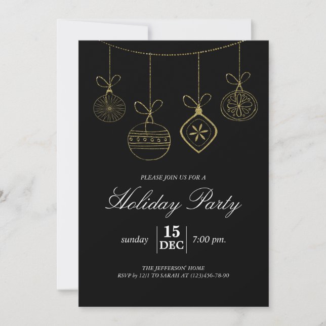 Christmas Gold Glitter Ornaments Holiday Party Invitation (Front)