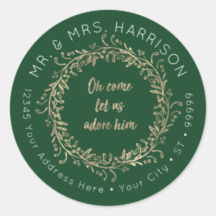 Christmas Gold Glitter Script Green Foliage Wreath Classic Round Sticker
