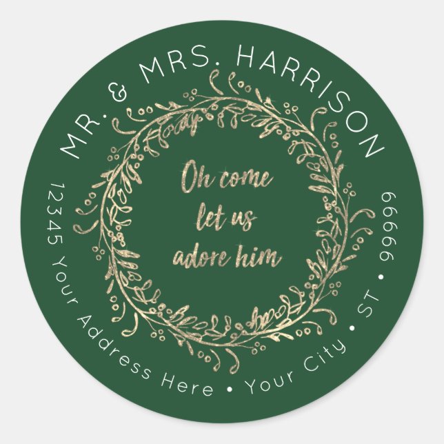 Christmas Gold Glitter Script Green Foliage Wreath Classic Round Sticker (Front)