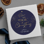 Christmas Gold Glitter Script Name Navy Modern Classic Round Sticker<br><div class="desc">Complete your holiday gifts with a personalised gold glitter effect Christmas stickers. This navy blue Merry Christmas round label includes a gold typography Christmas Tree design with modern script font and a space for your name. The perfect finishing touch to your Christmas gift packaging design.</div>