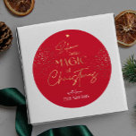 Christmas Gold Glitter Script Name Red Modern Classic Round Sticker<br><div class="desc">Complete your holiday gifts with a personalised gold glitter effect Christmas stickers. This red Merry Christmas round label includes a gold typography Christmas Tree design with modern script font and a space for your name. The perfect finishing touch to your Christmas gift packaging design.</div>