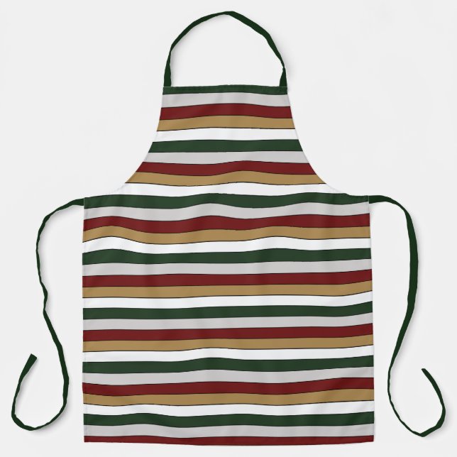 Christmas Gold Green Red Silver And White Stripes  Apron (Front)