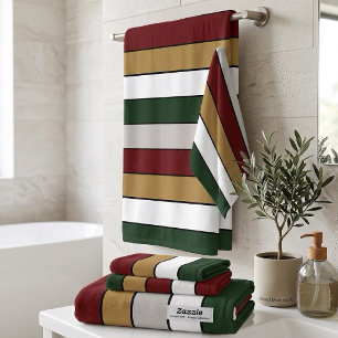 Christmas Gold Green Red Silver And White Stripes  Bath Towel Set