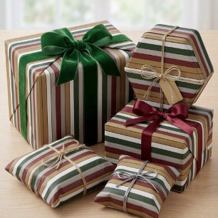 Christmas Gold Green Red Silver And White Stripes Wrapping Paper