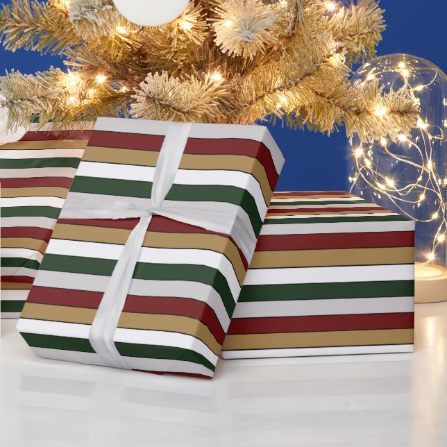 Christmas Gold Green Red Silver And White Stripes  Wrapping Paper (Holidays)