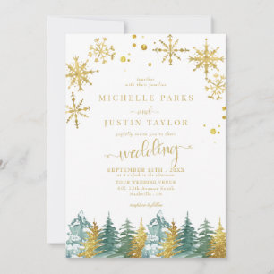 Christmas Gold Green Woodland Pine Trees Wedding I Invitation