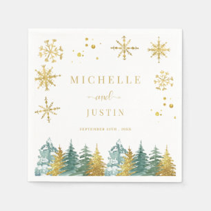 Christmas Gold Green Woodland Pine Trees Wedding  Napkin