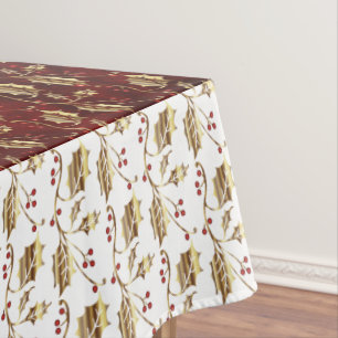 Christmas Gold Holly on Festive Red Tablecloth