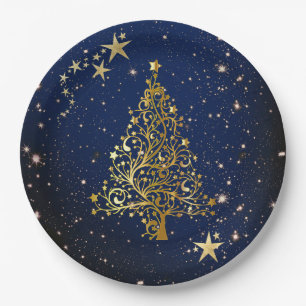Christmas Gold on Blue Paper Plate