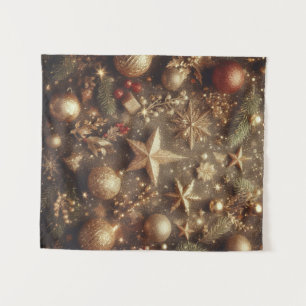 Christmas Gold Ornament Balls and Stars Tapestry