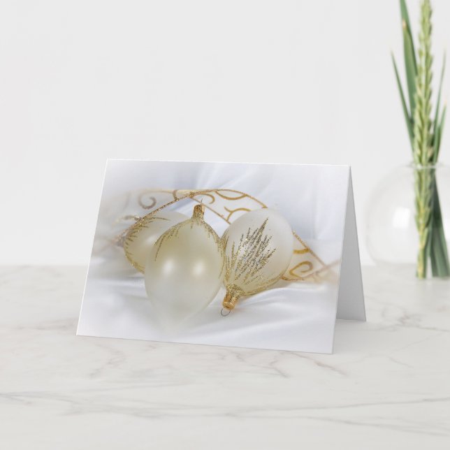 Christmas Gold Ornaments on White Satin  Holiday Card (Front)