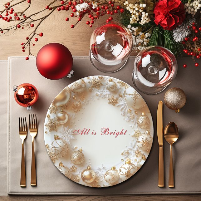 Christmas Gold Ornaments,Snowflakes All is Bright Paper Plate (Creator Uploaded)