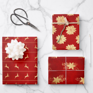 Christmas Gold Red Deer Floral Glam Graphic Wrapping Paper Sheet