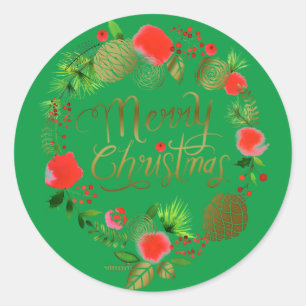 Christmas Gold Red Digital Wreath Round Sticker