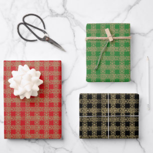 Christmas gold red green black antique plaid lace wrapping paper sheet