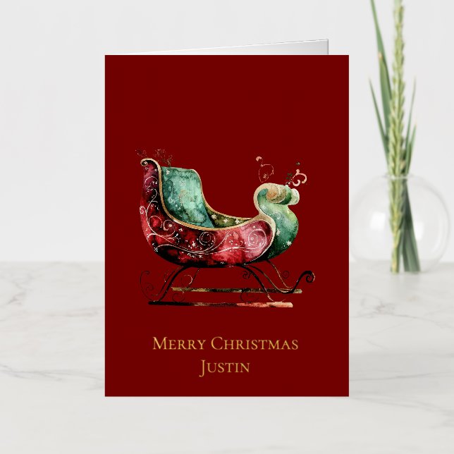 Christmas Gold Red Green Sleigh Foil Greeting Card (Front)