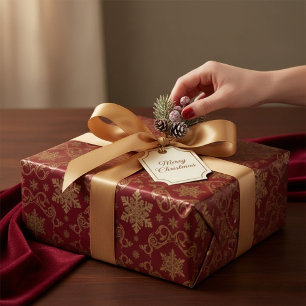 Christmas Gold & Red Royal Damask Snowflake Wrapping Paper