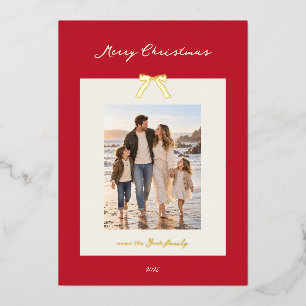 Christmas Gold Red Vintage Bows Custom Photo Foil Holiday Card