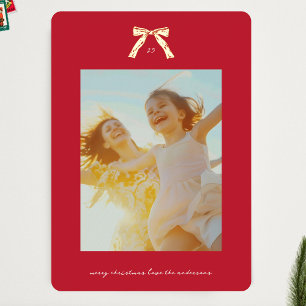 Christmas Gold Red Vintage Bows Custom Photo Foil Holiday Card