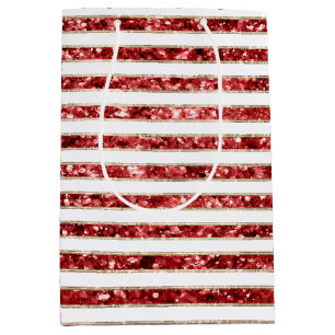 Christmas Gold Red White Glitter Stripes Medium Gift Bag