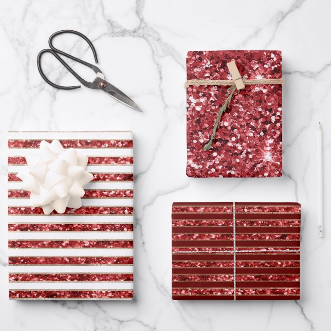 Christmas Gold Red White Glitter Stripes Wrapping Paper Sheet (Front)