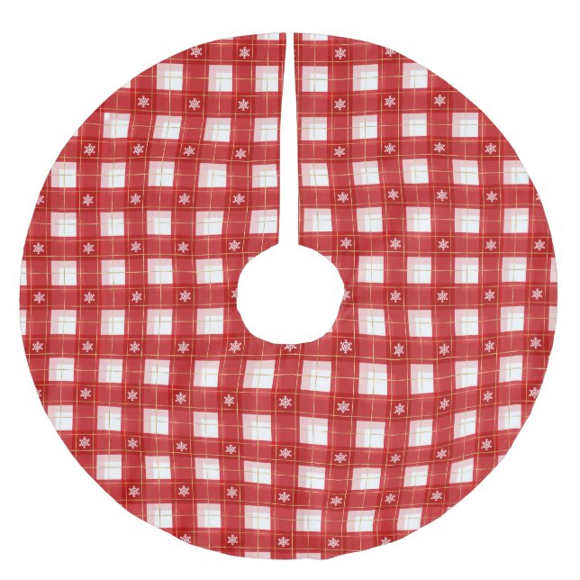 Christmas gold red white snowflakes gingham plaid brushed polyester tree skirt (Front)
