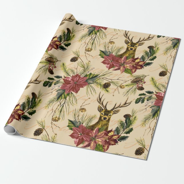 Christmas Gold Reindeer Poinsettia Pattern Wrapping Paper (Unrolled)