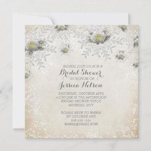 Christmas Gold Roses Snowflakes Bridal Shower Invitation
