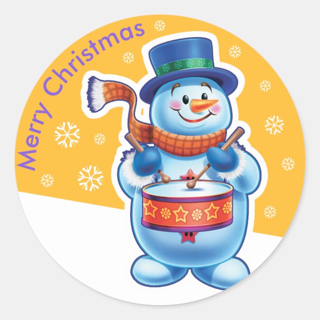 Christmas gold round sticker Snowman drummer. (Front)