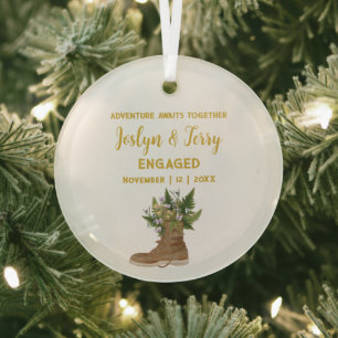 Christmas Gold Rustic Boots Floral Couple Engaged Glass Tree Decoration