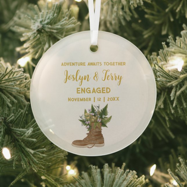 Christmas Gold Rustic Boots Floral Couple Engaged Glass Tree Decoration (Insitu)
