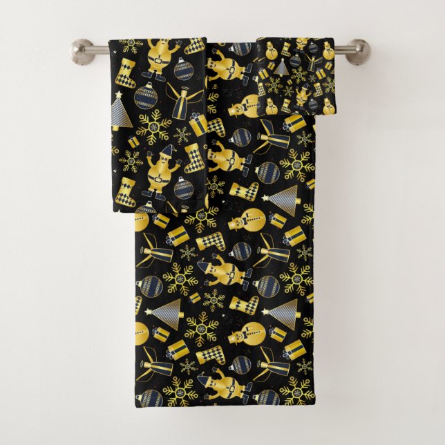 Christmas Gold Santa Snowman Stocking Gift Pattern Bath Towel Set (Insitu)