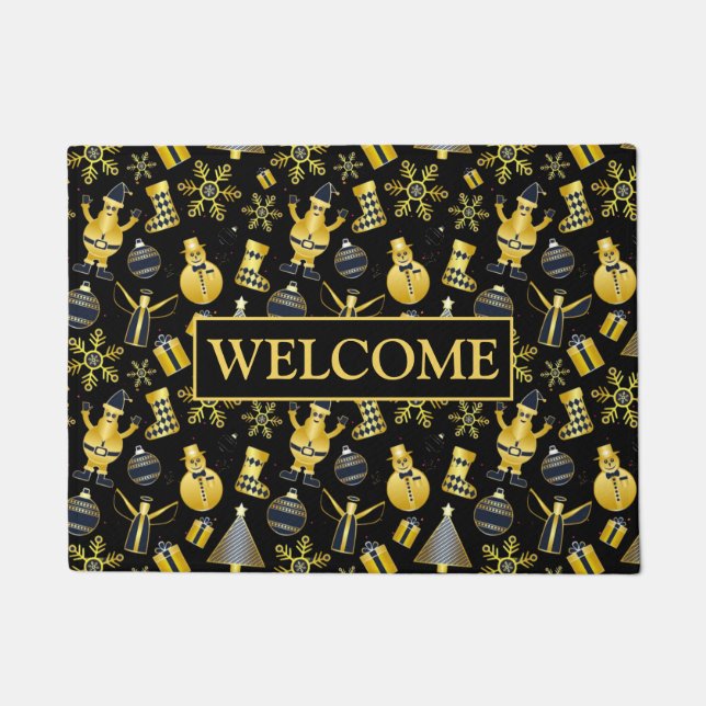 Christmas Gold Santa Snowman Stocking Gift Pattern Doormat (Front)