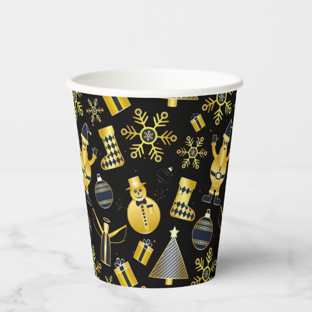 Christmas Gold Santa Snowman Stocking Gift Pattern Paper Cups (Front)