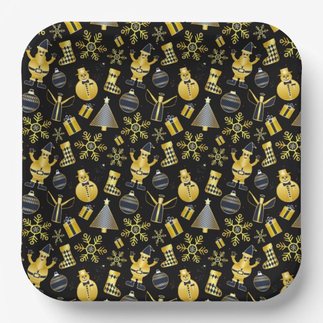 Christmas Gold Santa Snowman Stocking Gift Pattern Paper Plate (Front)