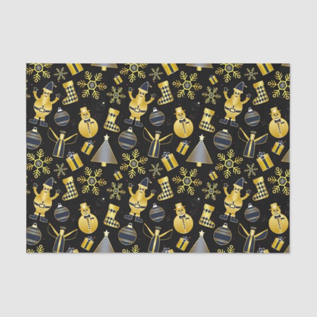 Christmas Gold Santa Snowman Stocking Gift Pattern Tissue Paper (Front)