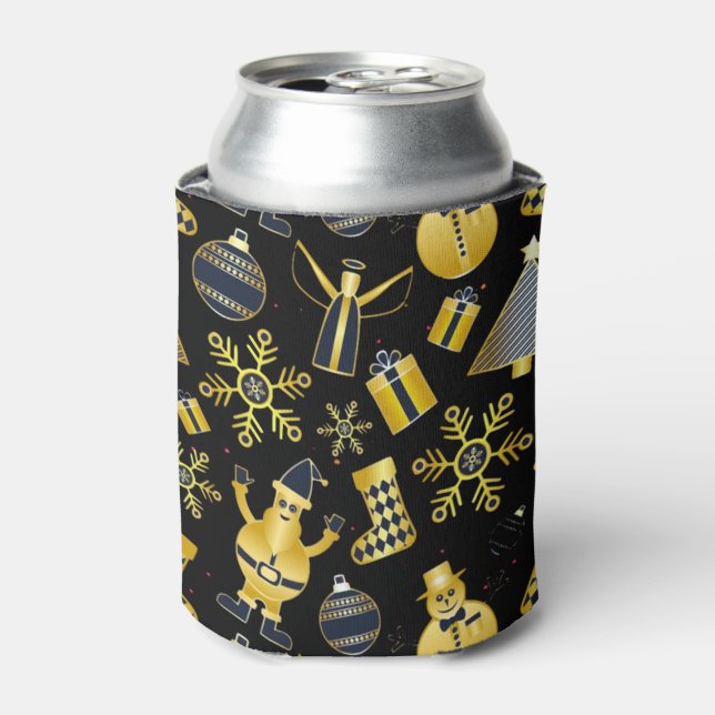 Christmas Gold Santa Snowman Stocking Pattern Can Cooler (Can Front)