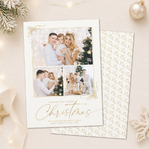 Christmas Gold Script 3 Photos Hand-Drawn Holiday Card