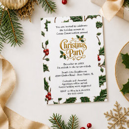 Christmas Gold Script with Holly Leaves Business Invitation