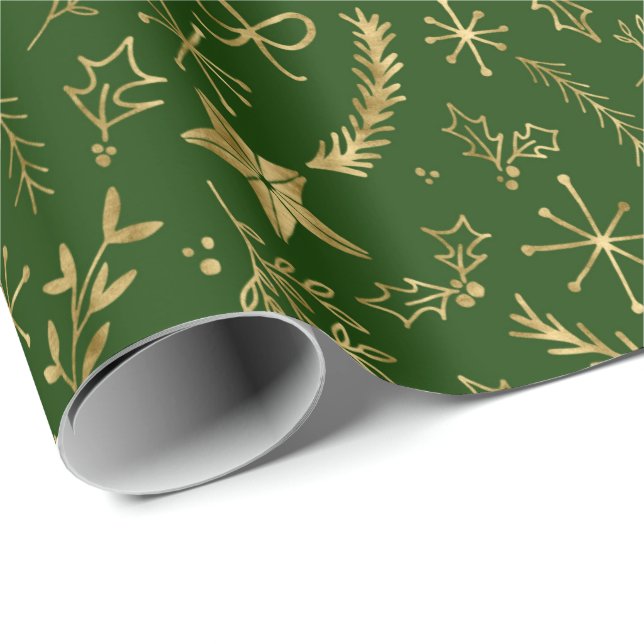 Christmas - Gold Shimmer Xmas Pattern - Green Wrapping Paper (Roll Corner)