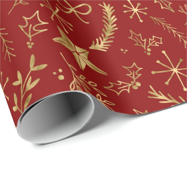 Christmas - Gold Shimmer Xmas Pattern - RED Wrapping Paper (Roll Corner)