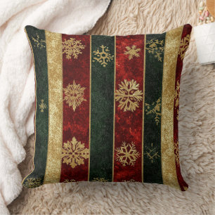 Christmas Gold Snowflake Red Green Stripes Cushion