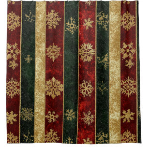 Christmas Gold Snowflake Red Green Stripes Shower Curtain