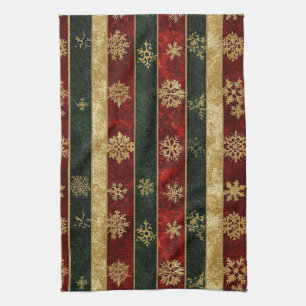Christmas Gold Snowflake Red Green Stripes Tea Towel