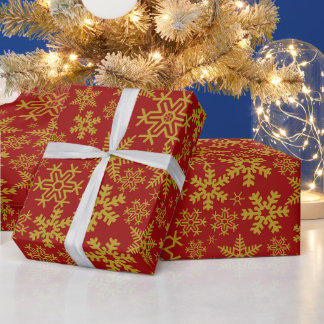 Christmas Gold Snowflakes over Red Background  Wrapping Paper