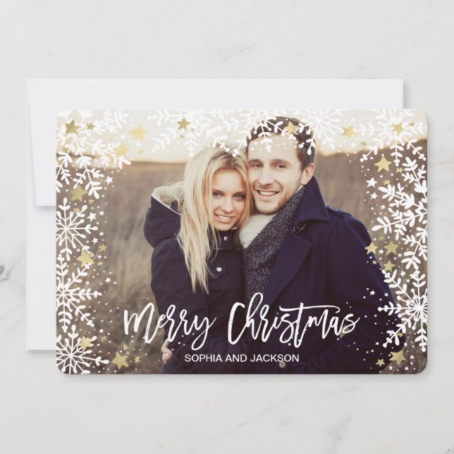Christmas | Gold | Snowflakes & stars | Photo Card (Front)