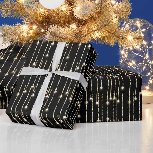 Christmas Gold Sparkling Lights On Black Wrapping Paper (Holidays)