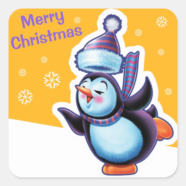 Christmas gold square sticker Penguin skating. (Front)
