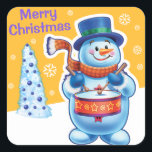 Christmas gold square sticker Snowman drummer.<br><div class="desc">Christmas gold square sticker Snowman drummer. and other Snowfolk. Winter Wonderland snowmen. Lovable wintery snowmen and snowgirl characters playing their instruments in a Christmas band. Also check out the matching lovable wintery characters with skating penguins, sledging snowgirls, skiing snowmen and skating snowmen : ) A lovely illustrated original sticker to...</div>